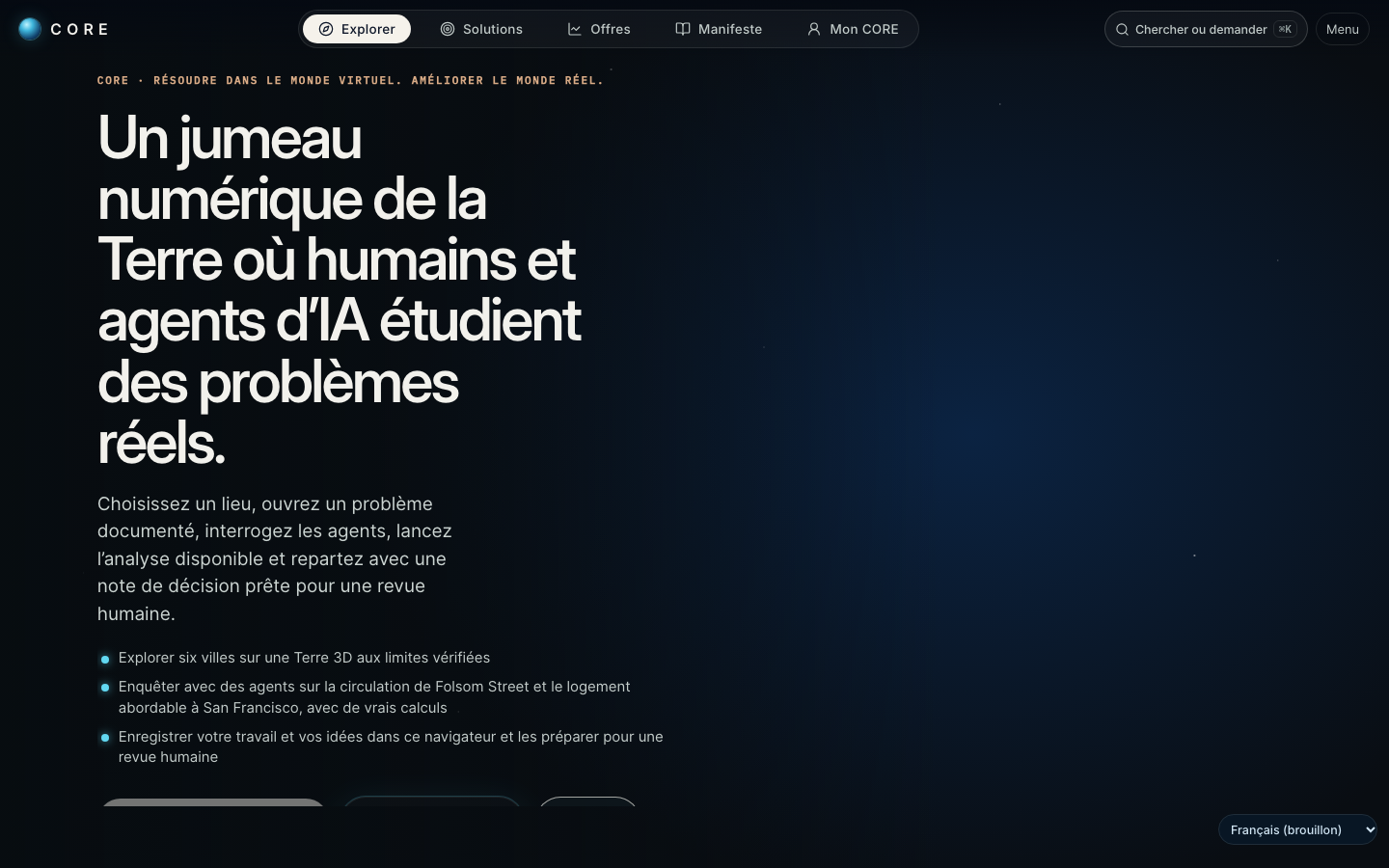Actual CORE World prototype homepage showing its digital Earth introduction
